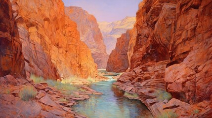  a painting of a canyon with a river running through the middle of it and mountains in the distance with a blue sky in the background.  generative ai