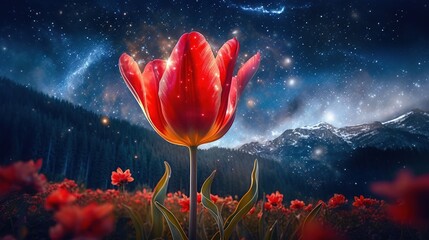  a painting of a red flower in a field with mountains in the background and stars in the night sky above the flowers are red flowers.  generative ai