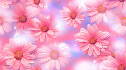  a pink background with pink daisies on a pink background with blue and white circles on the center of the image and the center of the flowers in the center of the image.  generative ai