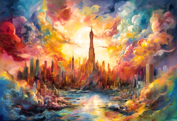 Fototapeta na wymiar new york city is a colorful painting made of many different colored clouds