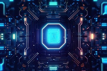 Fototapeta premium Artificial intelligence and humanoid head with neural network, quantum computing, advanced robotics, and brain-computer interfaces. Technology background concept. (Generative AI)