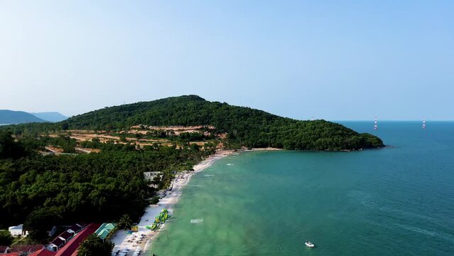 Aerial 4K footage of Sunset town in Phu Quoc island, Vietnam. Fast being developed European city copy. Amazing future resort, Kien Giang province