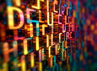 Plakat Computer code text background, futuristic organic, digital print, blurred forms, Colorful abstract coded text, Blue digital code. Generative Ai Illustration. 
