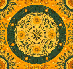 an indian pattern with yellow circles and green leaves