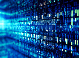 Obraz premium Computer code text background, futuristic organic, digital print, blurred forms, Colorful abstract coded text, Blue digital code. Generative Ai Illustration. 