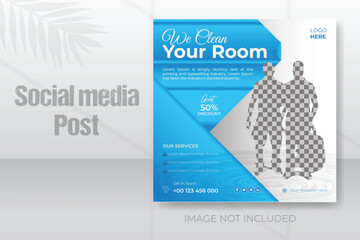 Clean room service social media cover, cleaning business organization timeline cover design template for promotion with blue gradient color background