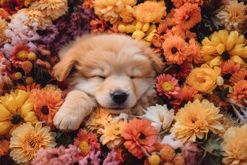Sleeping golden retriever puppy with flowers - 603427353
