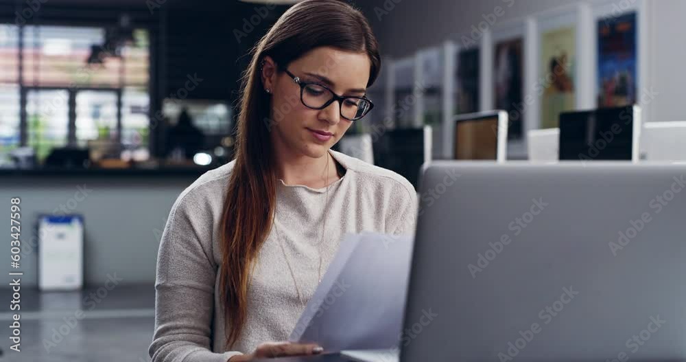 Poster education, laptop and a student woman in the library to study for an exam or test in university. com