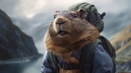  a groundhog with a backpack on his back looks up at the camera while standing in front of a mountain range with a body of water in the background.  generative ai