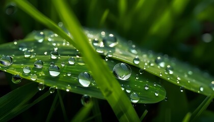 Stunning image of water droplets, dew or rain on the green surface of grass in nature