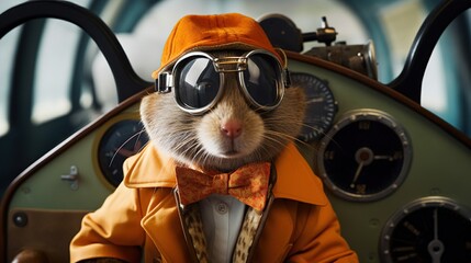  a rat wearing a suit and sunglasses with a bow tie and a hat on it's head, sitting in a cockpit of a plane.  generative ai
