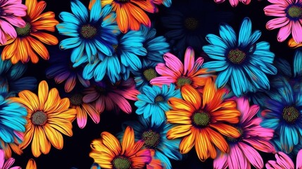  a bunch of flowers that are on a black background with blue and orange flowers in the middle of the picture and the bottom of the flowers in the middle of the picture.  generative ai