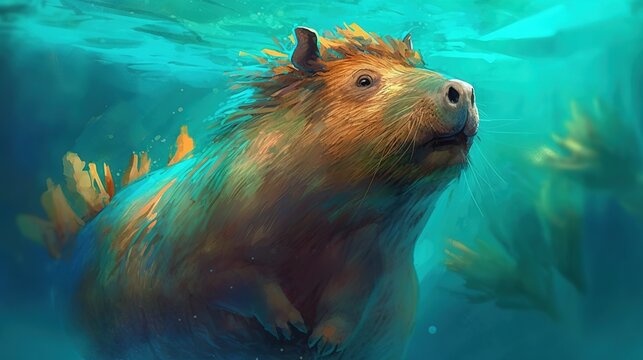  a painting of a beaver swimming in the water with fish around it's neck and head, looking up at the camera, with its mouth open mouth and eyes wide open.  generative ai