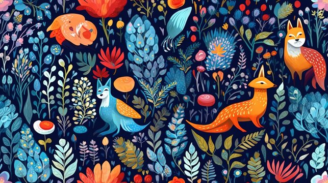  a painting of foxes and plants on a blue background with red and green leaves and flowers on the sides of the image is a red fox and a blue background with.  generative ai