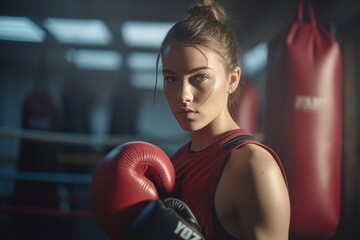 Young female training boxing and looking serious to the camera. Generative AI