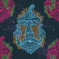 Magic Mushrooms Pattern. Vector illustration. Mushrooms hippie psychedelic style. Decorative mushrooms, esoteric objects.60s, 70s