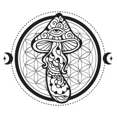 Magic Mushrooms sacred geometry. Vector illustration. Zen art. Decorative mushrooms, hippie, esoteric, mystical objects. 60s 70s Ink