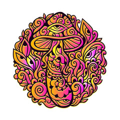 Fototapeta premium Psychedelic Magic Mushrooms. Vector illustration. Zen art. Decorative mushrooms, hippie, hallucination psilocybin 60s 70s