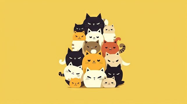  a group of cats sitting on top of each other on a yellow background with the words cats written below it and below the image of cats.  generative ai