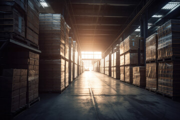 Interior of a modern warehouse with lots of pallets and a light beam