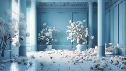 flowers stand in a room with white and blue backdrop