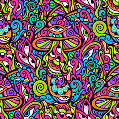 Magic Mushrooms. Psychedelic pattern. Vector illustration. Zen art. Decorative mushrooms, hippie, hallucination psilocybin 60s 70s