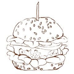Vegetarian burger with delicate sauce, fresh herbs, onion and avocado. Graphic hand drawing illustration.