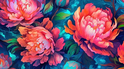  a painting of pink flowers with green leaves on a blue and pink background with a green leafy pattern on the left side of the image.  generative ai