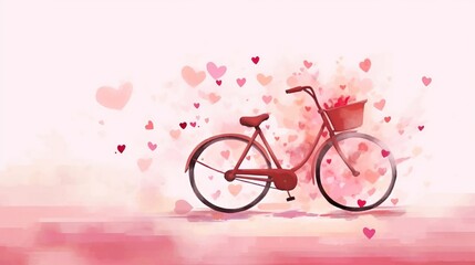  a red bicycle with a basket on the front of it with hearts flying around it and a pink background with a white wall and a pink background.  generative ai