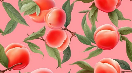  a pink background with peaches and leaves on a pink background with a pink background and a pink background with peaches and leaves on a pink background.  generative ai