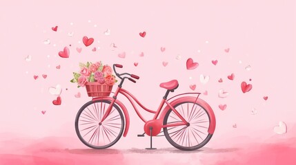  a pink bicycle with a basket of flowers on the front of it and hearts flying around it on a pink background with a pink background.  generative ai