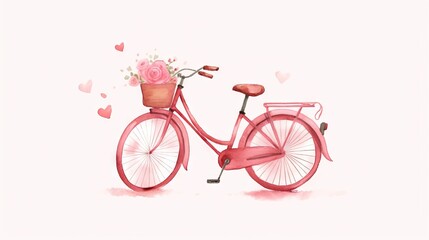  a pink bicycle with a basket of flowers on the front of the bike, with hearts in the back of the basket, and a basket of flowers in the front of the basket.  generative ai