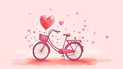  a bicycle with a basket and a heart shaped balloon on the back of it is parked in front of a pink background with hearts floating in the air.  generative ai