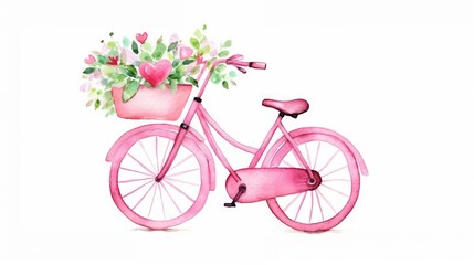 Fototapeta na wymiar a pink bicycle with a basket of flowers on the front wheel and a basket of flowers on the back wheel, painted in watercolor on a white background. generative ai
