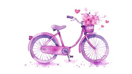 Fototapeta na wymiar a watercolor painting of a pink bicycle with a basket of flowers on the back of the bike, with hearts coming out of the basket. generative ai