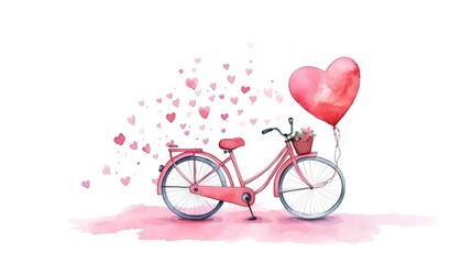  a pink bicycle with a basket of flowers and a heart shaped balloon on the back of it, on a pink background with hearts flying in the air.  generative ai