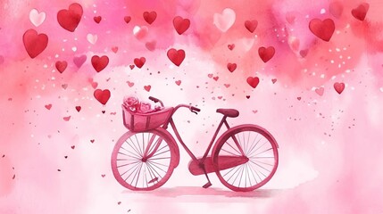  a pink bicycle with a basket of flowers on the back of it with hearts flying around it in the sky behind it is a pink background.  generative ai