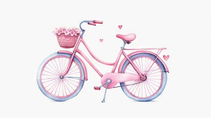 Fototapeta na wymiar a pink bicycle with a basket of flowers on the front wheel and a pink bird on the back wheel, painted in watercolor on a white background. generative ai