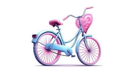  a pink and blue bicycle with a heart on the handlebars and a pink seat on the front wheel, on a white background.  generative ai