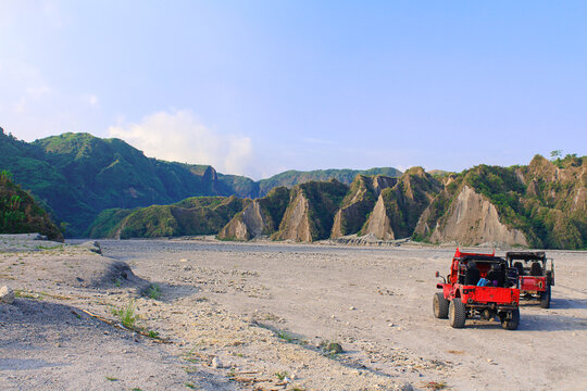 Mount Pinatubo car trip, Philippines. Tourists road to Mt. Pinatubo crater lake.