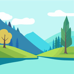 Flat vector illustration of a tranquil mountain landscape with rolling hills, trees, and a river or lake in the foreground. Perfect for promoting nature, travel, or outdoor adventure themes.