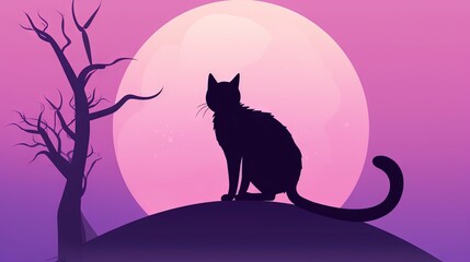  a cat sitting on a hill in front of a full moon with a tree in the foreground and a tree in the foreground.  generative ai