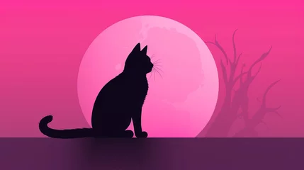 Foto auf Acrylglas  a black cat sitting in front of a full moon with a pink sky in the background and a tree in the foreground with no leaves.  generative ai © Nadia