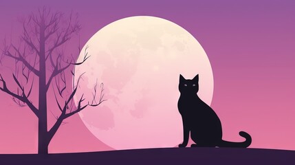  a black cat sitting on a hill in front of a full moon with a tree in the foreground and a tree silhouetted against a pink sky.  generative ai