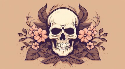  a skull with flowers around it on a beige background with a pink background and a brown background with a white skull with a flower around it.  generative ai