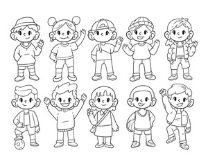 Set of teenager character hand-drawn outline sketch illustration
