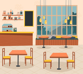 Empty cafe interior. Coffee shop with a bar, tables and chairs. Vector illustration of a flat design