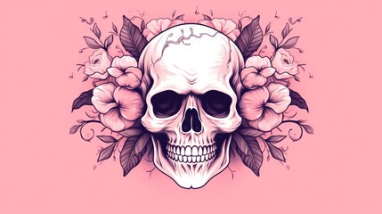  a skull with flowers around it on a pink background with a pink background and a pink background with a pink background and a pink background with a.  generative ai