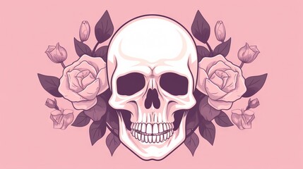  a skull with roses on it's head and the words, skull on it's head, is shown in a pink background.  generative ai