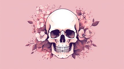  a skull with flowers around it on a pink background with a pink background and a white skull with flowers around it on a pink background.  generative ai